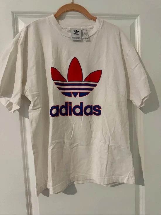 adidas White Tee with Red and Blue Trefoil Logo