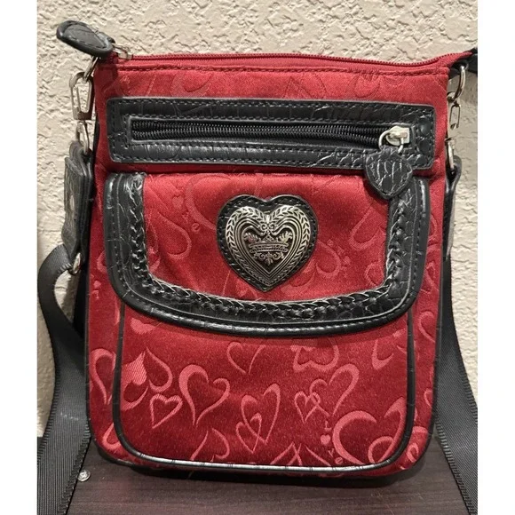 Red Crossbody Bag Silver Metal Heart Black Faux Croc Leather Trim HTF