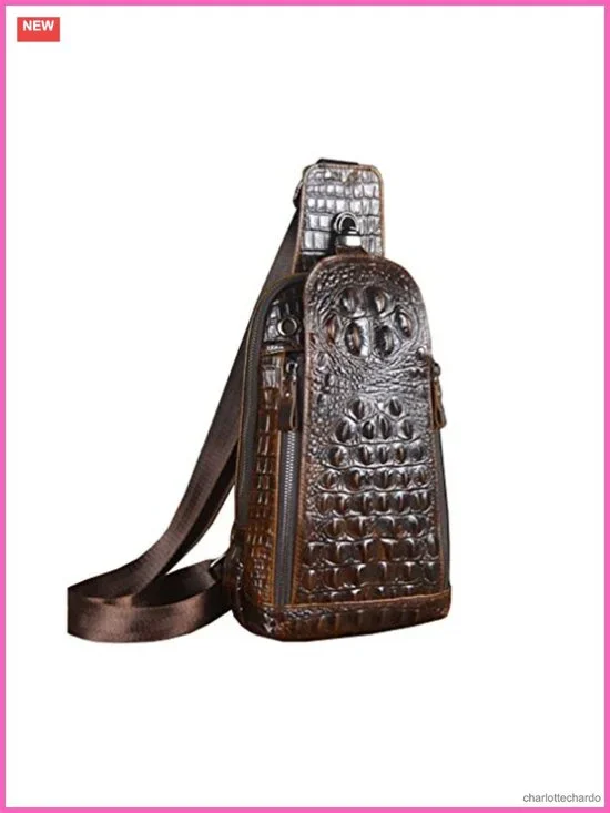 Genuine Leather Crocodile Sling Backpack for Men Travel Hiking Camping