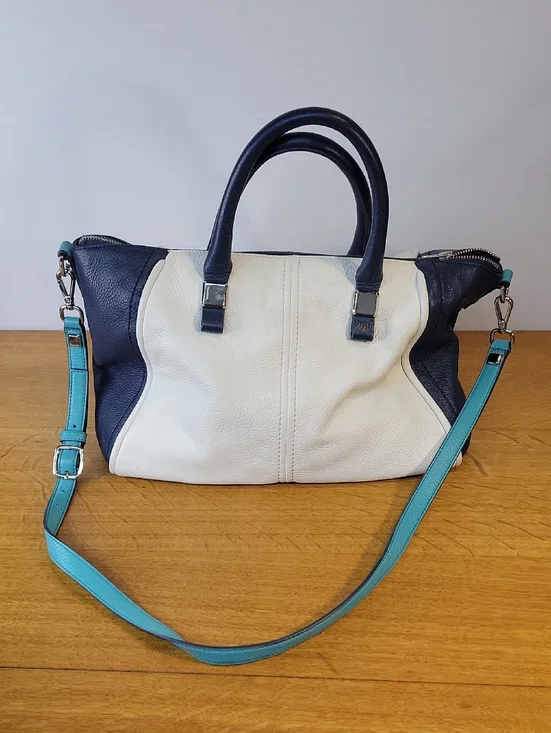 Nine West Genuine Leather Two-Tone Satchel Handbag - Navy and White