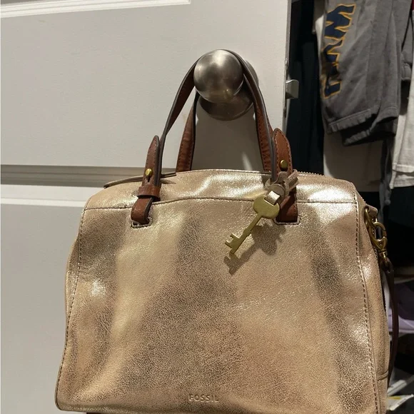 Fossil Metallic Gold Leather Satchel with Brown Handles