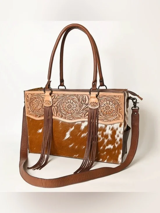 Western Tote Women's Brown Tooled Leather & Cowhide Fringe Tote