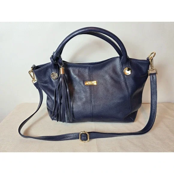 Onna‎ Ehrlich Navy Blue L Satchel Crossbody Pebbled Leather Handbag Classic EUC