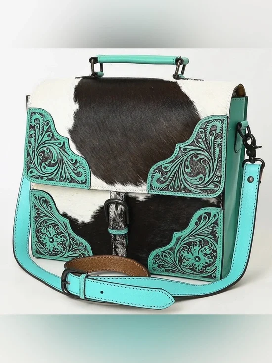 Western Bag Turquoise Tooled Leather & Cowhide Crossbody Bag