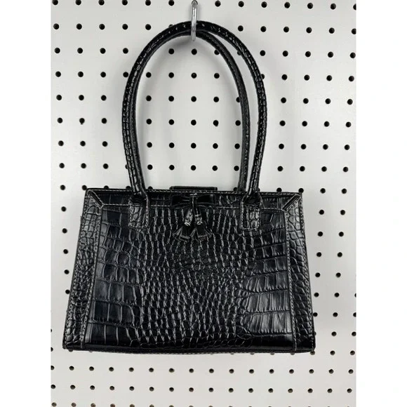 Liz Claiborne Black Croc Embossed Structured Satchel‎ Top Handle Bag -FAIR