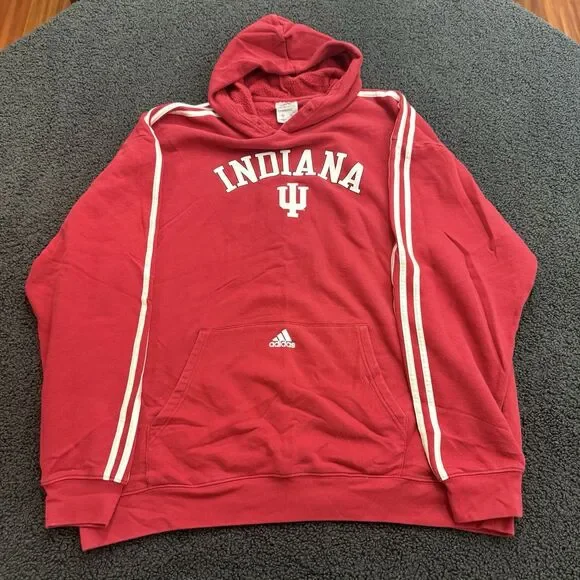 Vintage Indiana University Adidas Hoodie Mens XL Red White Stripes Center Logo