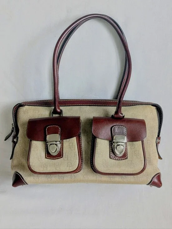 Dooney & Bourke Signature Logo Canvas Double Pocket Satchel Tote Bag