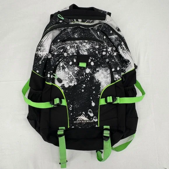 High Sierra Loop Backpack Black White Splash Lime Green Suspension Strap Bookbag