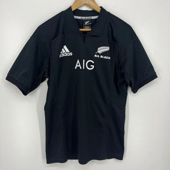 Adidas Mens All Blacks New Zealand Rugby Jersey Black AIG Silver Fern Size M