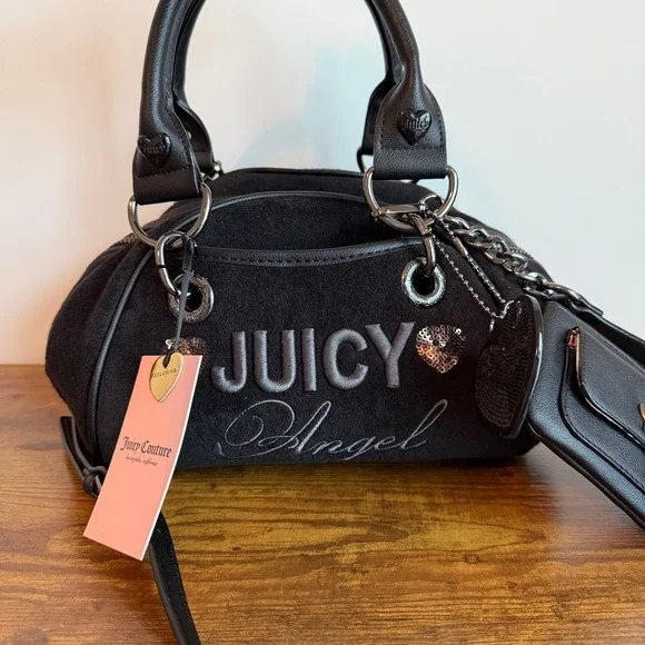 New Juicy Couture Angel Satchel Black Crossbody Handbag Sequin Y2K Gothic Cute