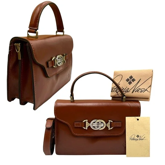 Patricia Nash Leather Porcili Satchel Tan Brown Horsebit Detail Shoulder‎ Strap