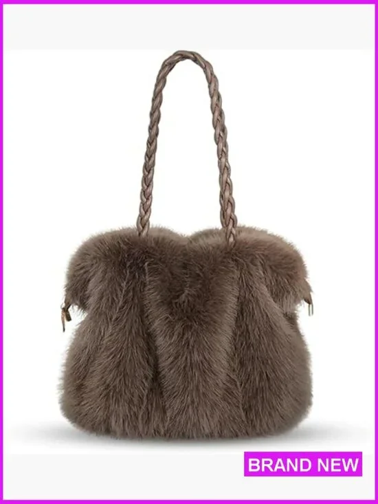 Faux Fur Handbag Soft Fluffy Winter Purse Satchel with Top Handle and Zipper