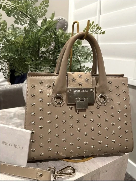 Authentic Jimmy Choo Taupe Leather Star Studded Satchel Shoulder/Crossbody Bag