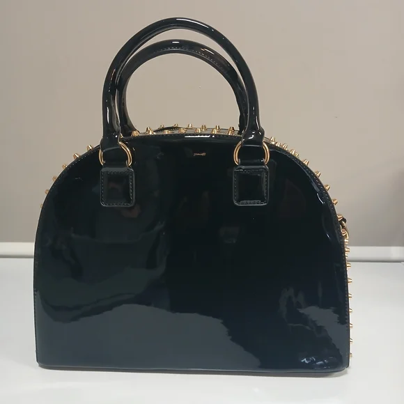 Large Black Patent & Gold Stud Satchel w/ Shoulder Strap NWOT