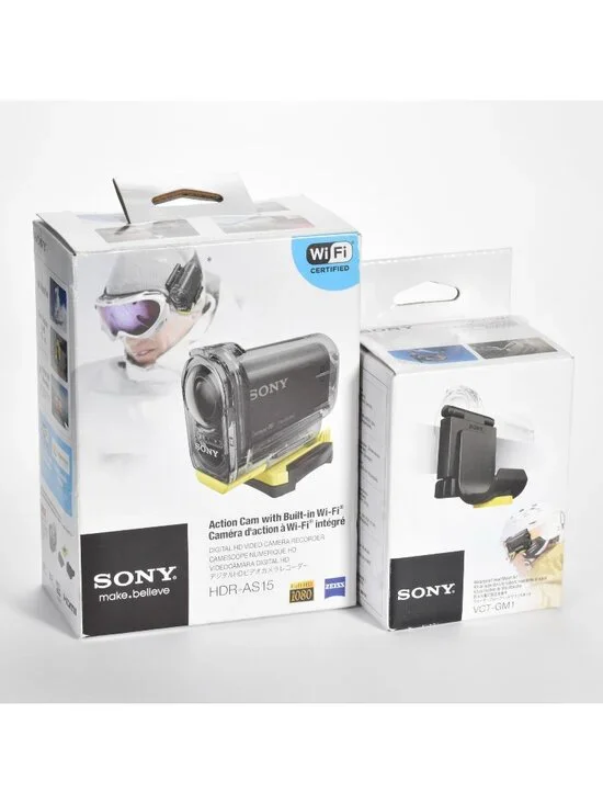 Sony HDR-AS15 HD Action Camcorder Full HD Video WiFi Sony VCT-GM1 Head Mount NEW