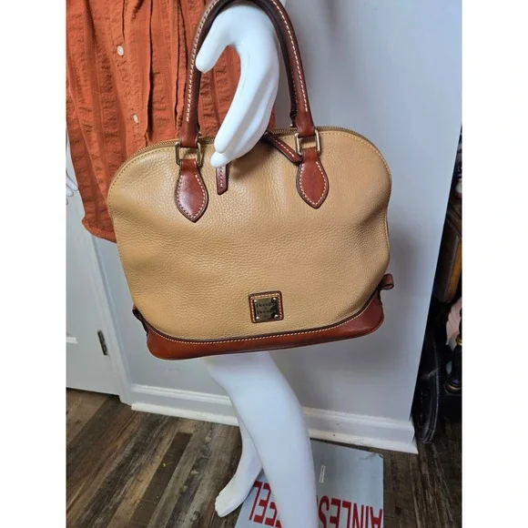 Dooney &‎ Bourke Pebbled Leather Dome Satchel Bag Tan Brown Two Tone Handbag