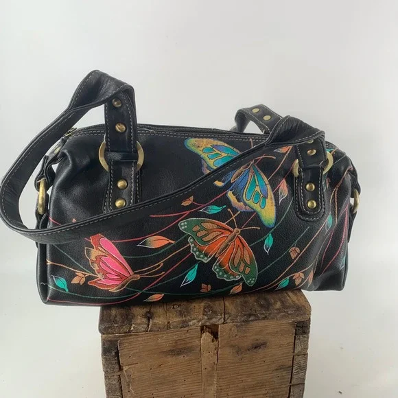 Anuschka Hand Painted Leather Butterfly Satchel Bag Black Floral NWT