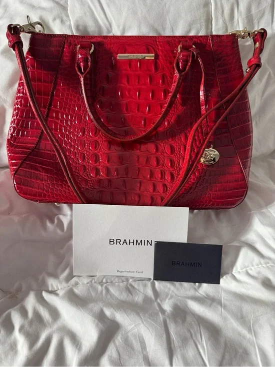 Brahmin Glossy Red Croc-Embossed Satchel with Gold Accents