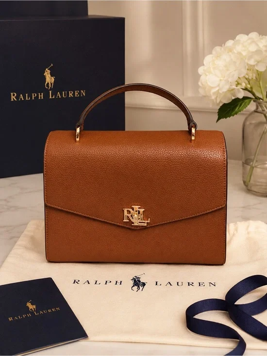 Ralph Lauren Cognac Leather Top-Handle Satchel with Gold RL Logo