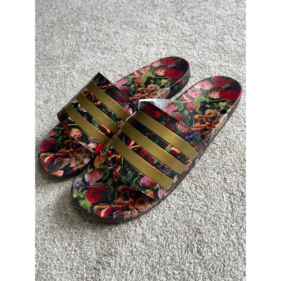 Adidas Adilette Comfort Slides Mens 18 Floral Rose Gold Stripes Sandals EG1850
