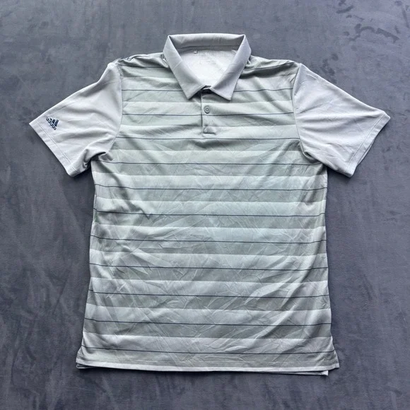 Adidas Mens Golf Polo Shirt Grey White Striped Short Sleeve Performance Large
