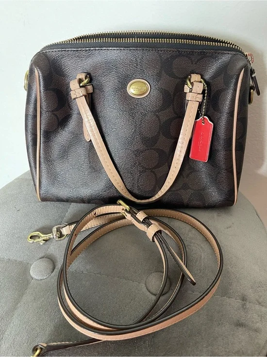 Coach Brown Signature Satchel with Beige Trim and Red Tag