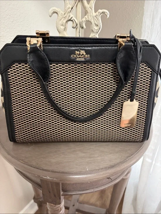 Coach Black and Natural Woven Satchel with Gold Hardware