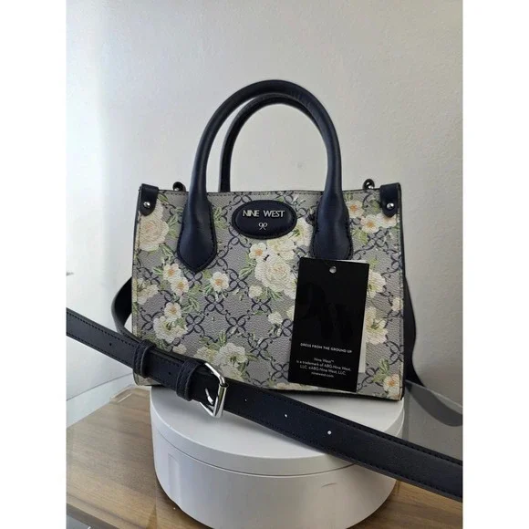 Nine West Archy Mini Satchel Navy Floral Logo Crossbody Bag  Flawed Poor