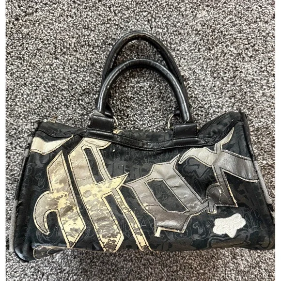 Fox Racing Bag Black Y2K Gothic Logo Canvas Barrel Handbag Motocross Vintage