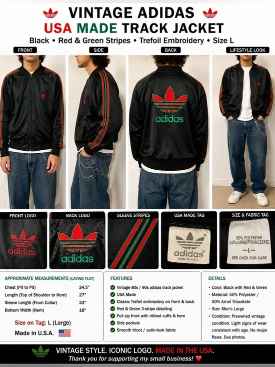Vintage Adidas Track Jacket Men’s L USA Made Black Red Green Trefoil 80s 90s