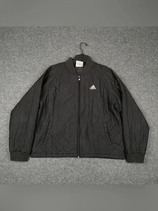 Adidas Quilted Bomber Jacket Mens Large Black Tricot Logo 3 Stripes Full Zip