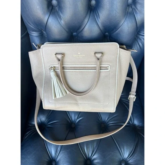 Kate Spade New York Beige Pebbled Leather Tassel Satchel Crossbody Bag PXRU6016