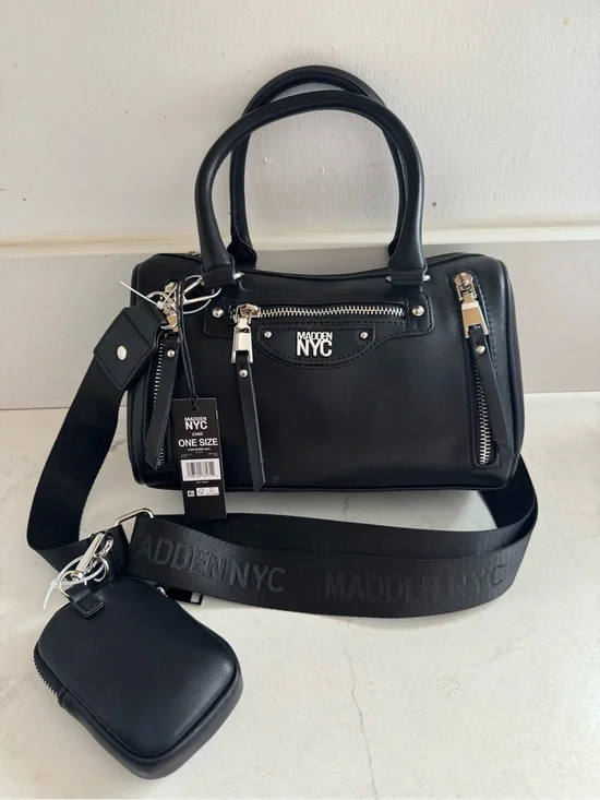 NWT- core barrel Madden NYC Black Satchel with Wide Logo Strap.