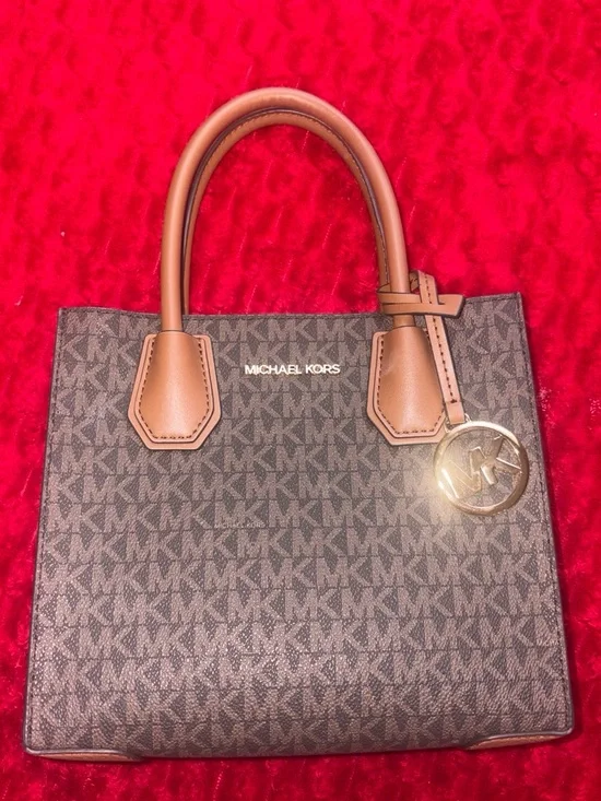 Michael Kors Brown MK Signature Satchel with Tan Handles