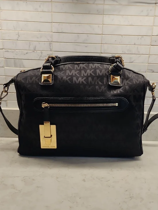 Michael Kors Black MK Logo Satchel with Gold Hardware