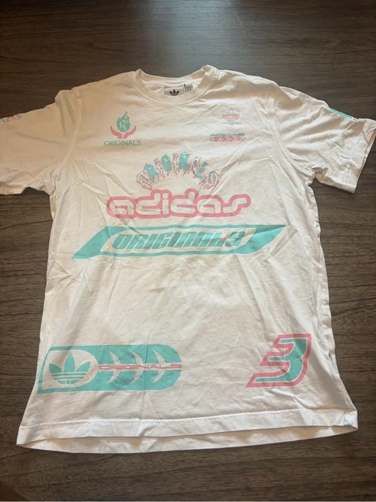 adidas White Short-Sleeve Tee with Pink & Teal Logos
