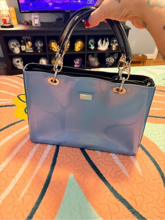 Patent Tote Handbag in Blue with Black Handles