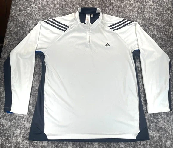 Vintage Adidas Clima Cool Mens 2XL Quarter Zip Running Shirt White Blue