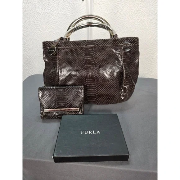 Furla Handbag Set Women Medium Brown Good Vintage Python Embossed Metal Handle