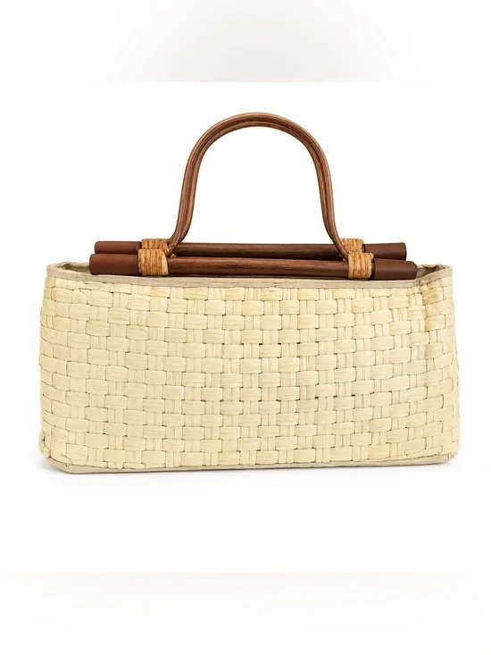 Jessica McClintock Vintage Woven Straw Bamboo Handle Handbag Coastal Summer Bag