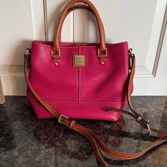 Dooney & Bourke Fuchsia Pebbled Leather Satchel with Brown Trim