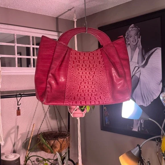 Unbranded Satchel Bag Womens Large Pink Good Croc Embossed Faux Leather Retro‎