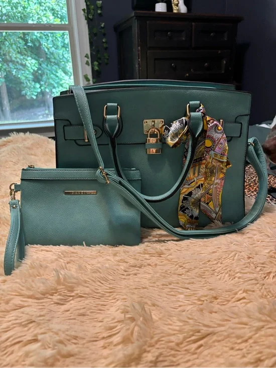 Teal Structured Tote with Matching Wristlet and Scarf