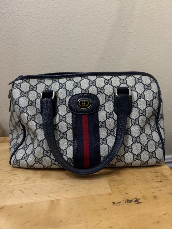 Gucci Beige Monogram Satchel with Navy Trim and Red-Navy Stripe