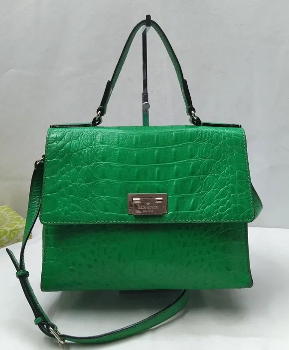 Kate Spade Green Leather Crocodile Embossed Top Handle Pushlock Satchel Bag