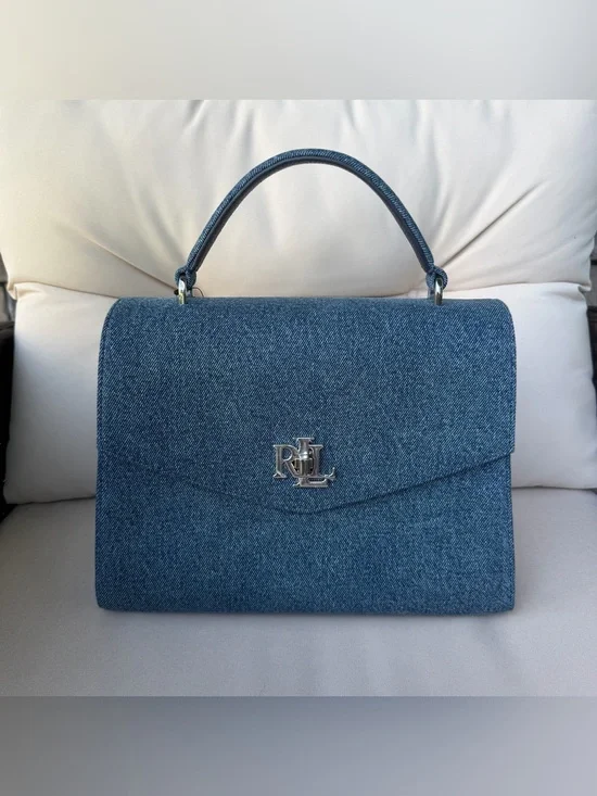 Lauren Ralph Lauren Farrah Washed Denim Indigo Blue Medium Satchel NWT
