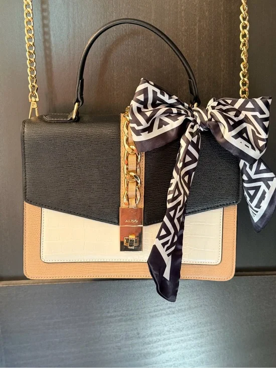 ALDO Black, White & Tan Chain-Accent Top-Handle Satchel