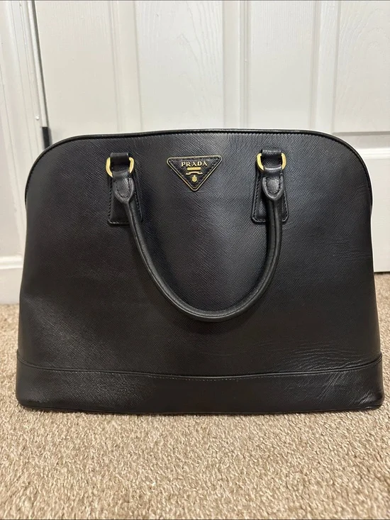 Prada Black Saffiano Leather Promenade Dome Satchel Handbag with Gold Hardware