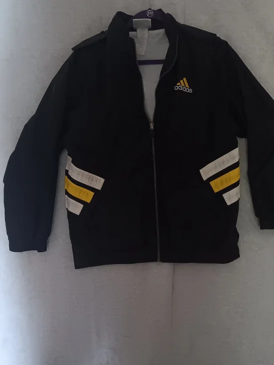 Vintage Adidas Men's Black Track Jacket with Yellow & White Accents