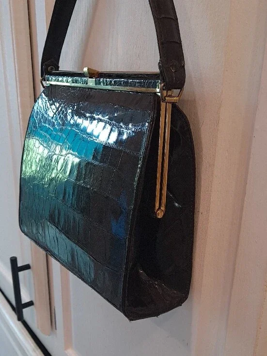 JP Allen Atlanta Vintage 50s Classic Black Genuine Croc Skin Top-Handle Satchel